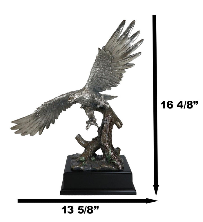 Electroplated Pewter Silver Bald Eagle With Open Wings Soaring Over Tree Statue