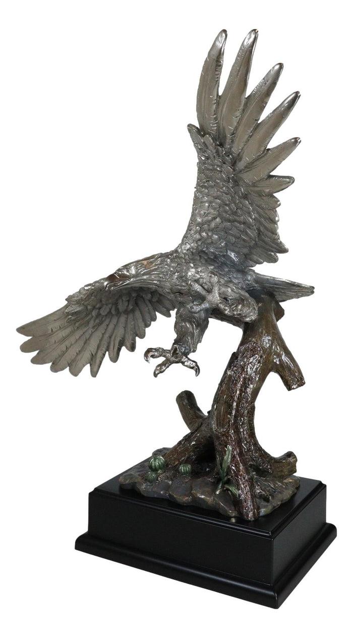 Electroplated Pewter Silver Bald Eagle With Open Wings Soaring Over Tree Statue