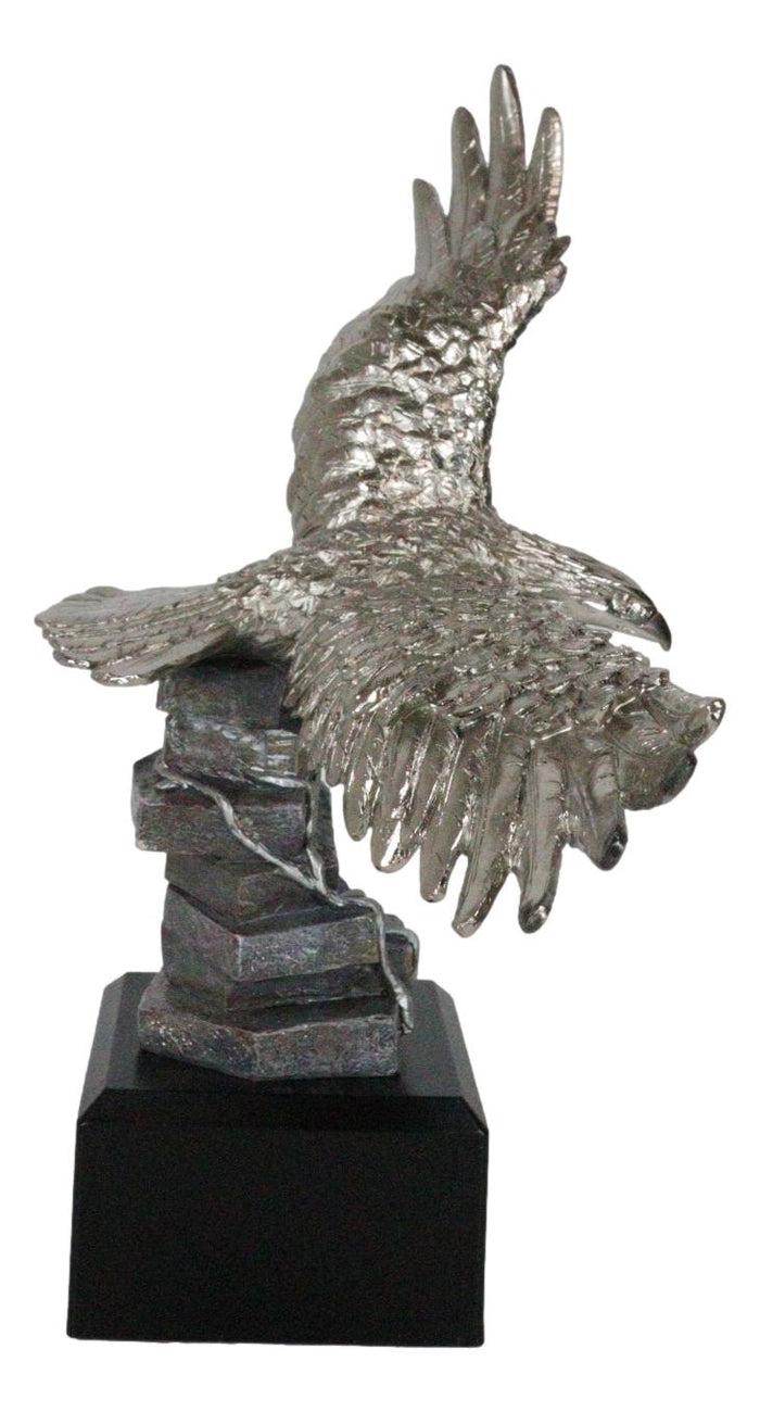 Electroplated Pewter Silver Bald Eagle With Open Wings Soaring Over Rock Statue
