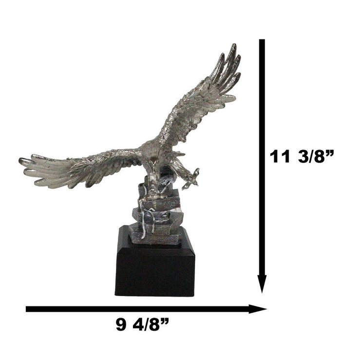 Electroplated Pewter Silver Bald Eagle With Open Wings Soaring Over Rock Statue