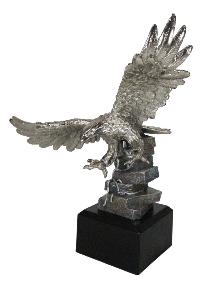 Electroplated Pewter Silver Bald Eagle With Open Wings Soaring Over Rock Statue