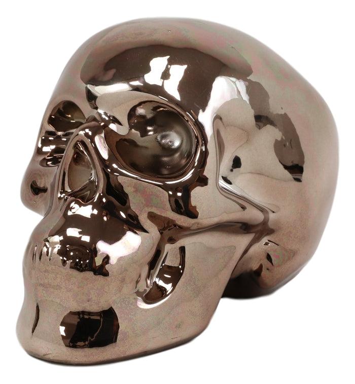 Electroplated Shiny Bronze Cranium Skull Head Money Bank Resin Figurine 7.5"L