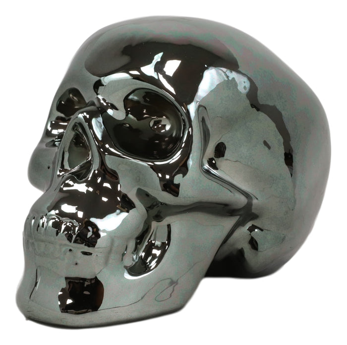 Electroplated Shiny Gunmetal Cranium Skull Head Money Bank Resin Figurine 7.5"L