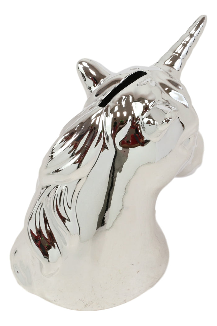 Electroplated Silver Sacred Unicorn Head Money Coin Bank Figurine Kids Adults