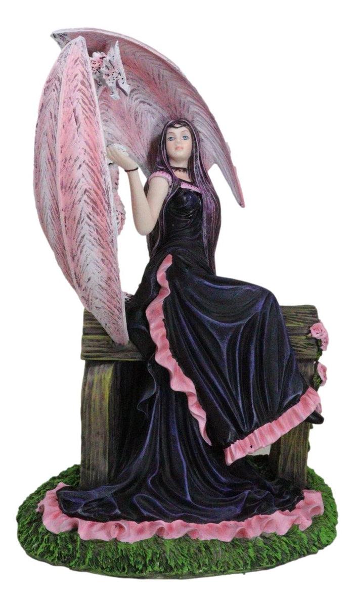 Elegant Pink Wyvern Dragon With Rose Fairy In Black Gown Sitting On Bench Statue