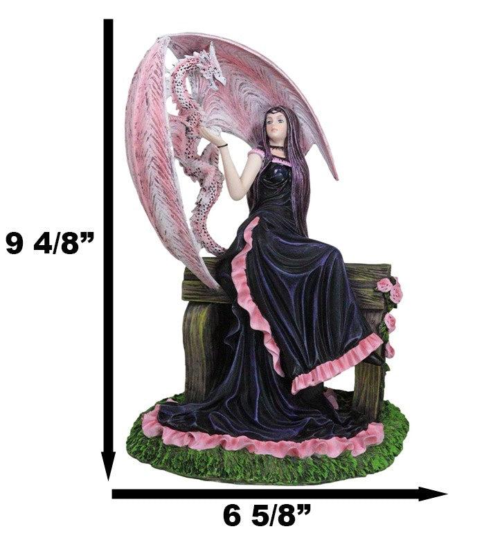 Elegant Pink Wyvern Dragon With Rose Fairy In Black Gown Sitting On Bench Statue