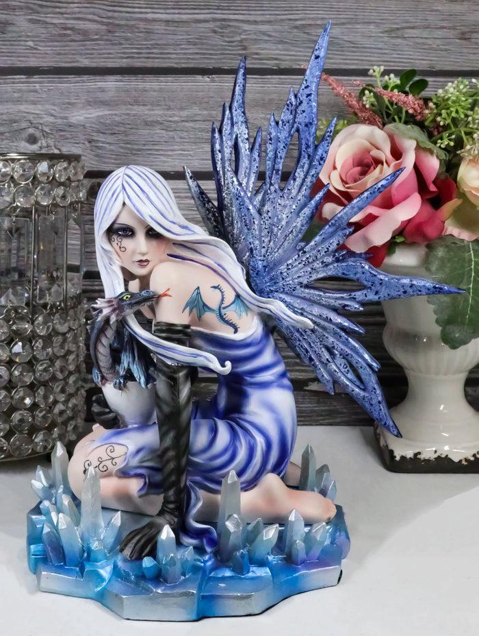 Elemental Ice Goddess Blue Fairy With Baby Dragon Hatchling Statue 12.25"Tall