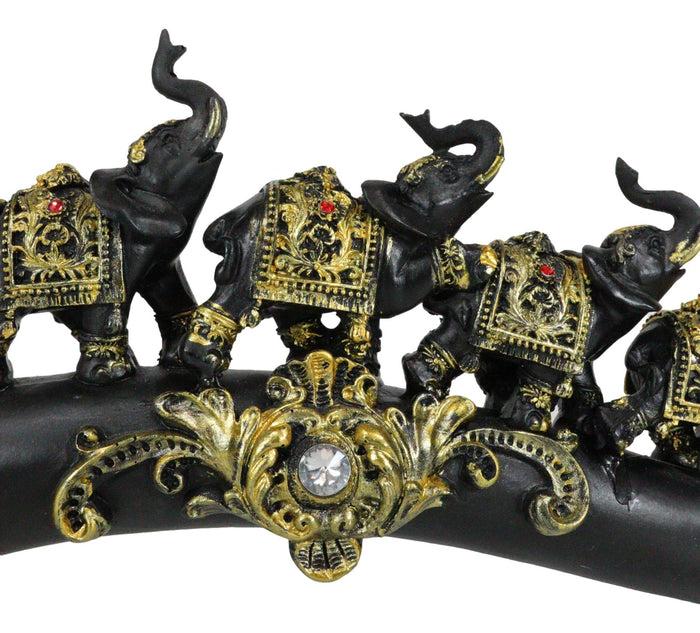 Elephant Herd On Great Migration On Black Tusk With Golden Scrollwork Figurine