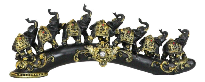 Elephant Herd On Great Migration On Black Tusk With Golden Scrollwork Figurine