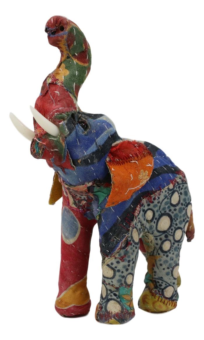 Elephant With Trunk Up Hand Crafted Paper Mache In Colorful Sari Fabric Figurine
