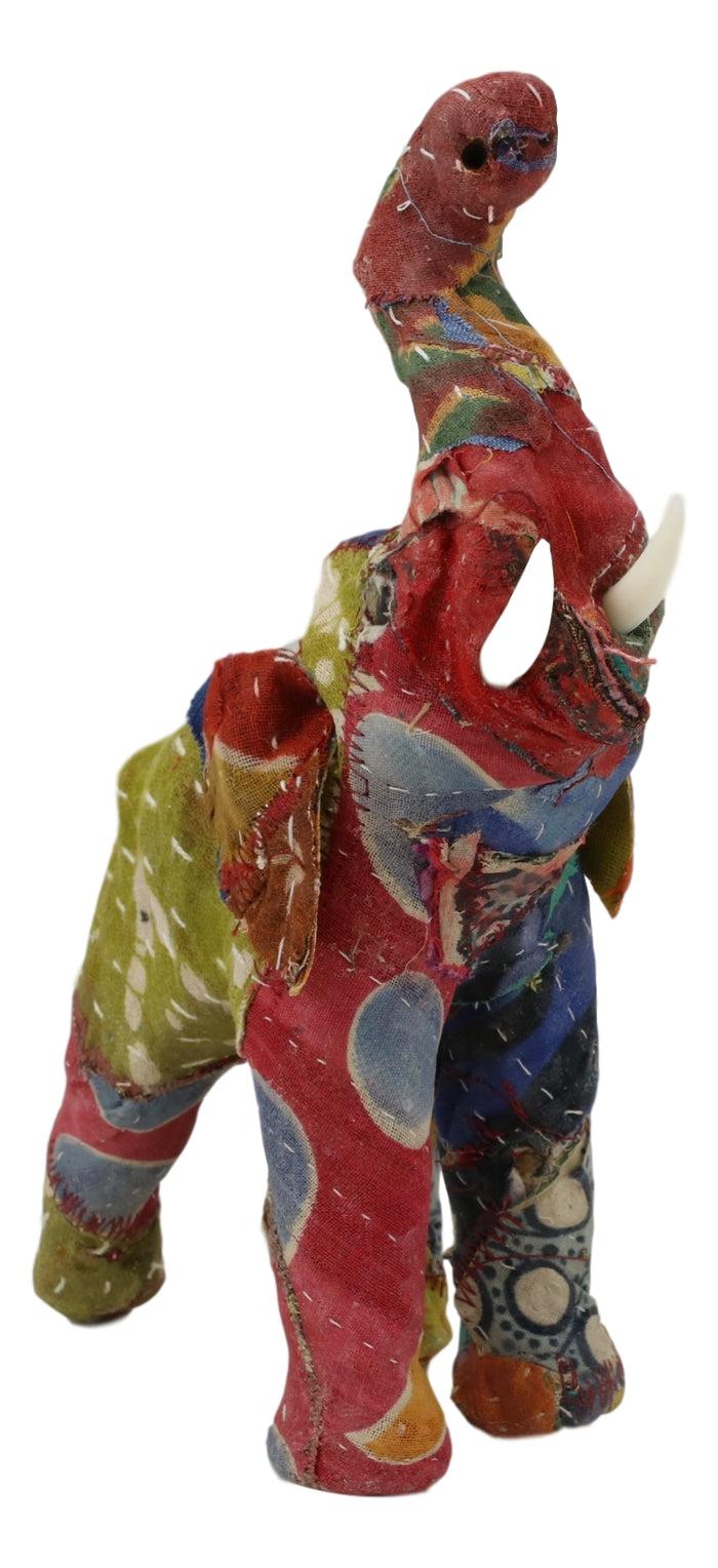 Elephant With Trunk Up Hand Crafted Paper Mache In Colorful Sari Fabric Figurine