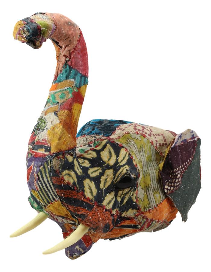 Elephant With Trunk Up Hand Crafted Paper Mache In Sari Fabric Wall Head Decor