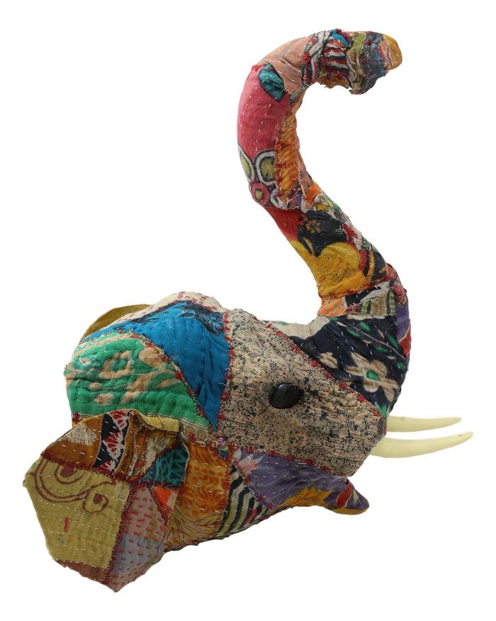 Elephant With Trunk Up Hand Crafted Paper Mache In Sari Fabric Wall Head Decor