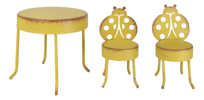 Enchanted Fairy Garden Miniature Metal Yellow Ladybug Table And 2 Chairs Set