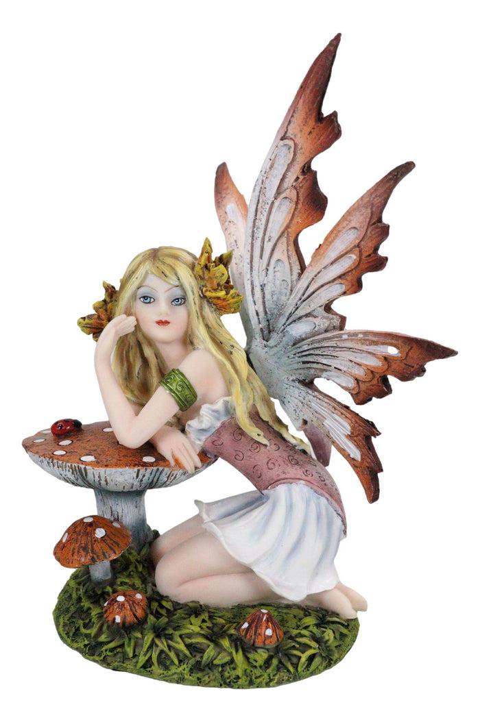 Enchanted Forest Fall Ladybug Mushroom Fairy Sitting By Toadstools Figurine