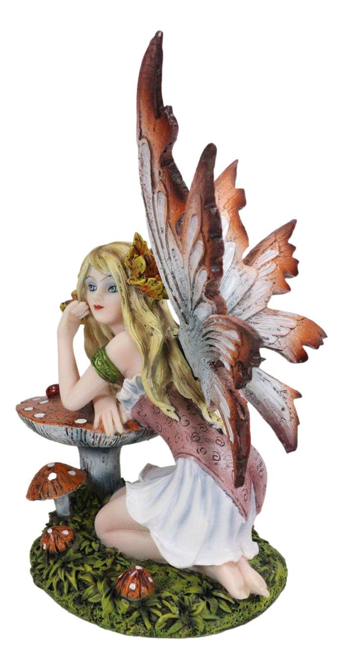 Enchanted Forest Fall Ladybug Mushroom Fairy Sitting By Toadstools Figurine