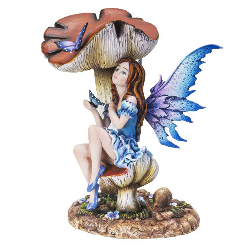 Enchanted Forest Toadstool Mushroom Lavender Fairy With Butterfly Figurine