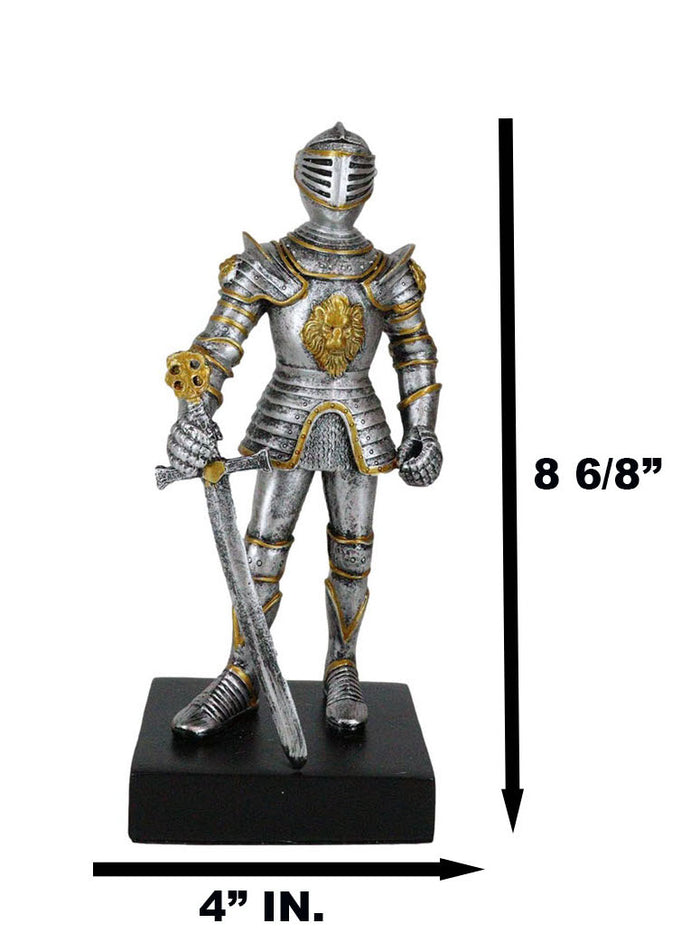 English Chivalrous Lion Coat Of Arms Knight With Sword Standing Guard Figurine