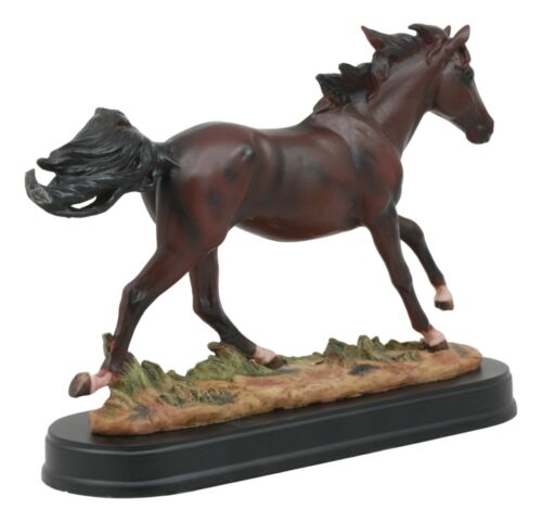 Equestrian Dark Brown Horse Galloping On Wild Pasture Statue With Base 9.25"Long
