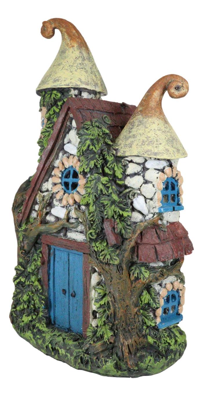 Fairy Garden LED Light Up Cottage Stone House With 2 Roofs Blue Door Figurine