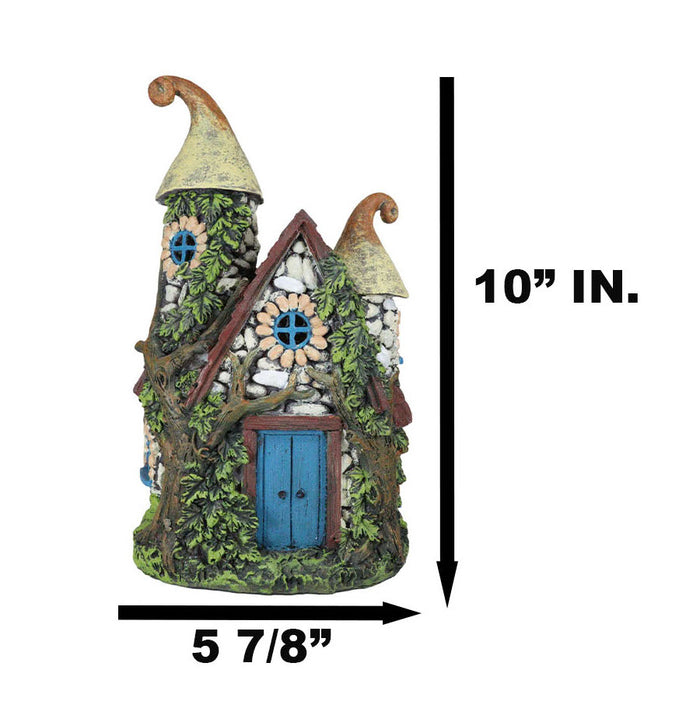 Fairy Garden LED Light Up Cottage Stone House With 2 Roofs Blue Door Figurine