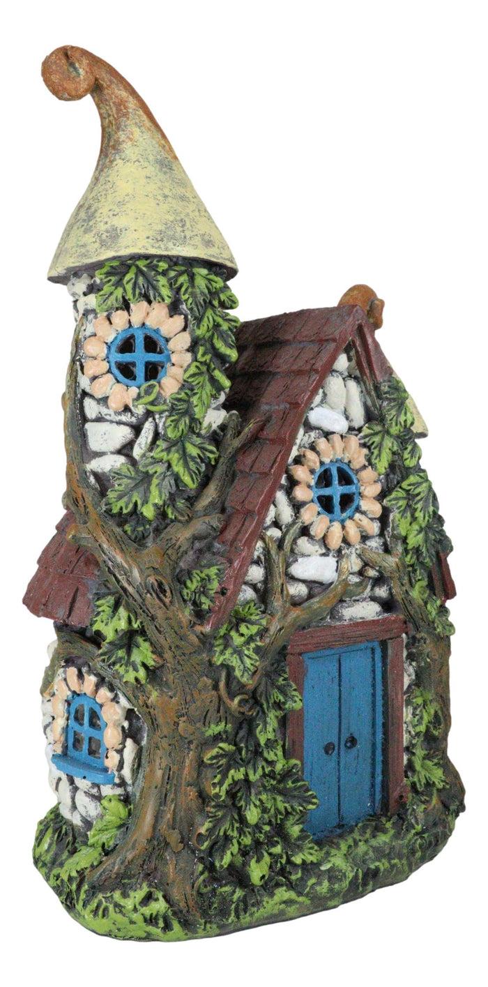 Fairy Garden LED Light Up Cottage Stone House With 2 Roofs Blue Door Figurine