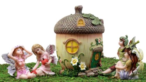 Fairy Garden Miniatures Starter Kit Acorn Cottage Home & 4 Mini Fairy Figurines