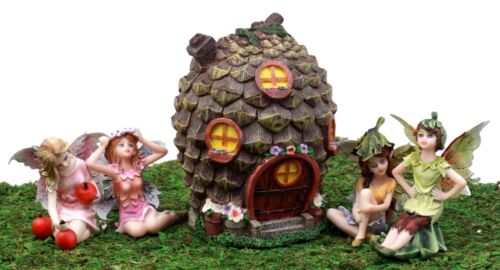 Fairy Garden Miniatures Starter Kit Pine Cone Cottage With 4 Fairy Figurines Set