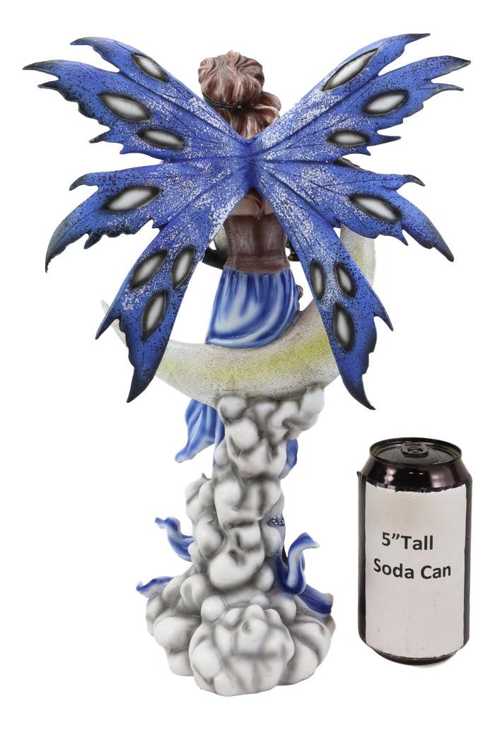 Fairy With Book Lantern And Owl On Crescent Moon Clouds And Stars Statue 14" H