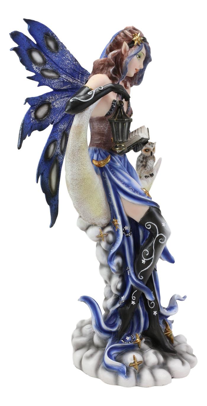 Fairy With Book Lantern And Owl On Crescent Moon Clouds And Stars Statue 14" H
