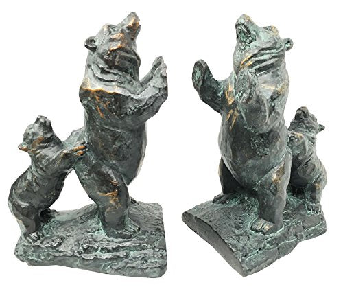 Family Grizzly Momma Bear And Cub Pushing Weight Bookends Pair Resin Figurine