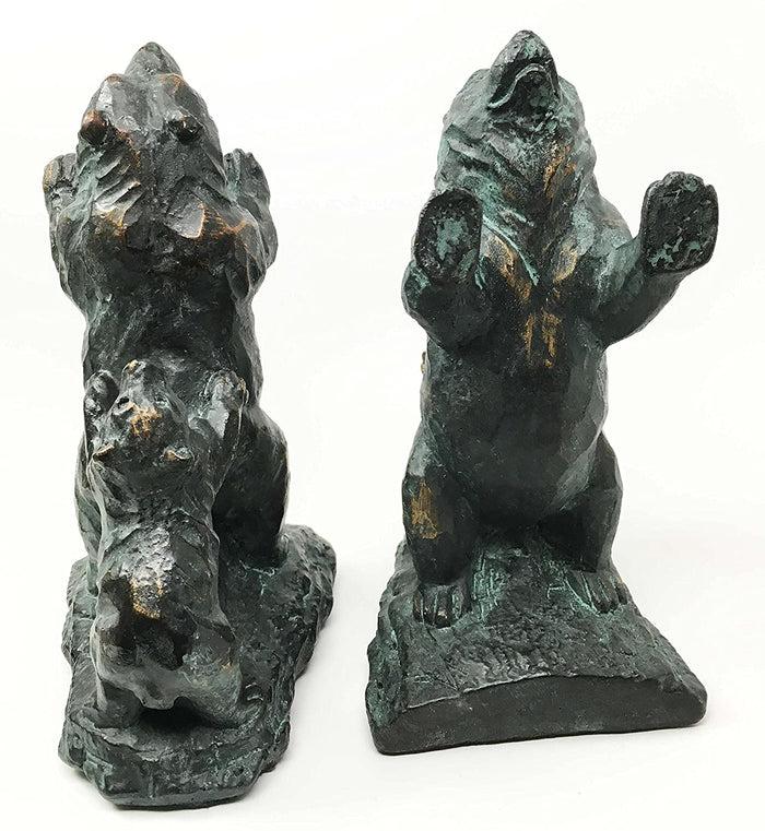 Family Grizzly Momma Bear And Cub Pushing Weight Bookends Pair Resin Figurine