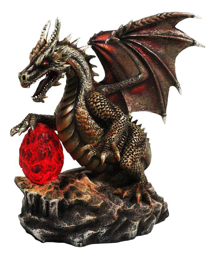Fantasy Bronzite Fire Dragon Guarding LED Scaled Egg Decorative Figurine Fantasy Bronzite Fire Dragon Guarding LED Scaled Egg Decorative Figurine