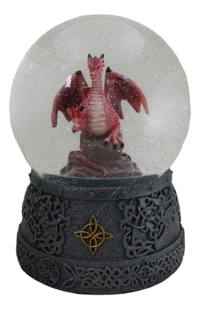 Fantasy Celtic Quadrilateral Knotwork Red Volcano Dragon Water Globe Figurine