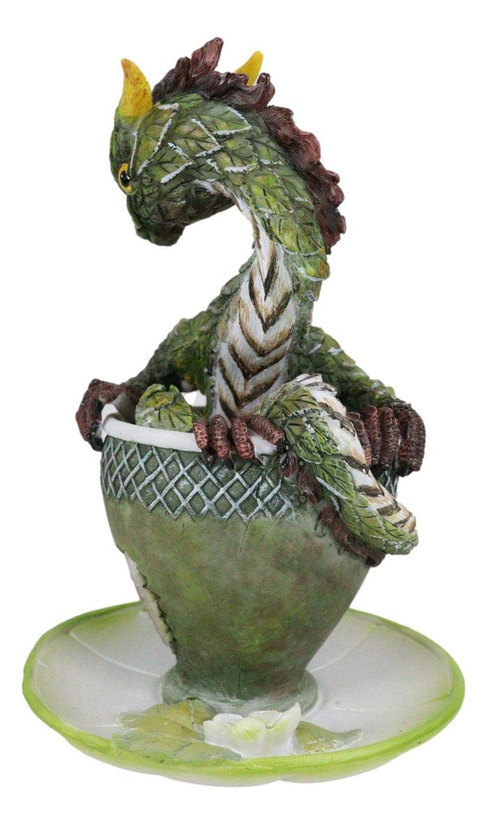 Fantasy English Green Tea Leaves And Flowers Dragon In Teacup & Saucer Figurine