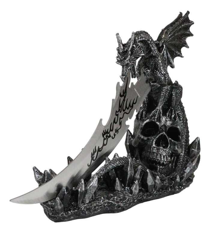 Fantasy Leviathan Dragon On Graveyard Skull With Fire Dagger Letter Opener Set