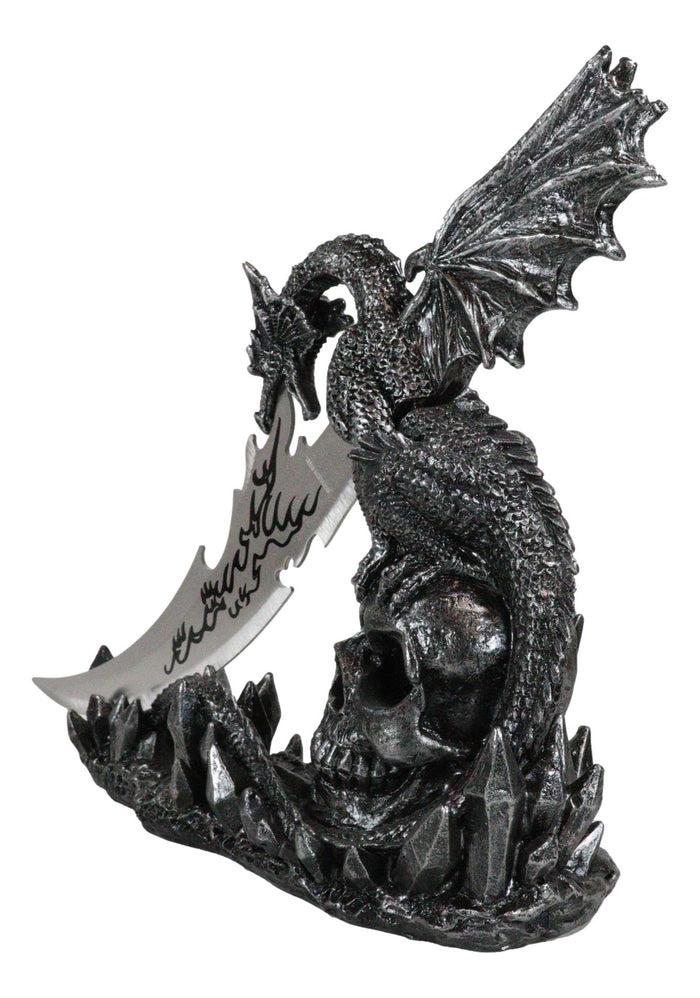 Fantasy Leviathan Dragon On Graveyard Skull With Fire Dagger Letter Opener Set