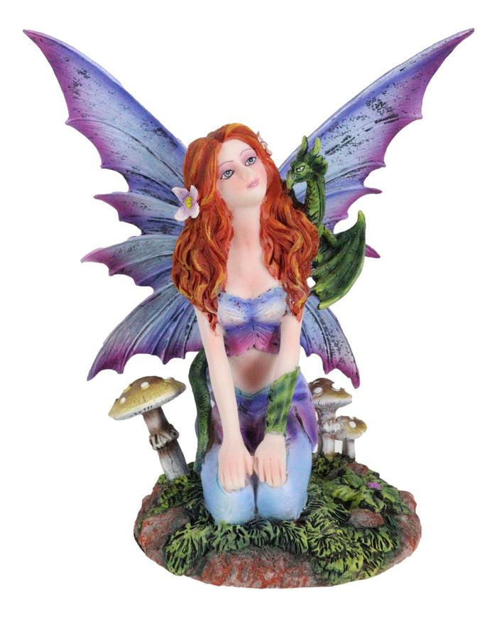 Fantasy Purple Butterfly Winged Red Hair Fairy With Green Pet Dragon Figurine