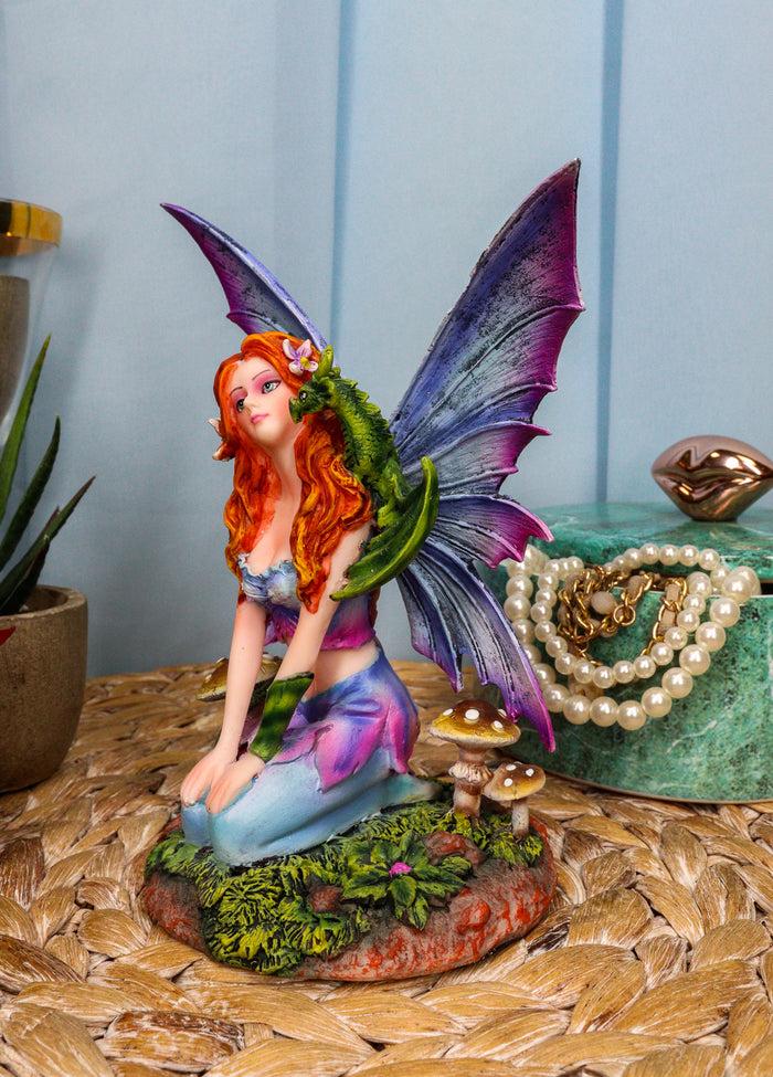 Fantasy Purple Butterfly Winged Red Hair Fairy With Green Pet Dragon Figurine