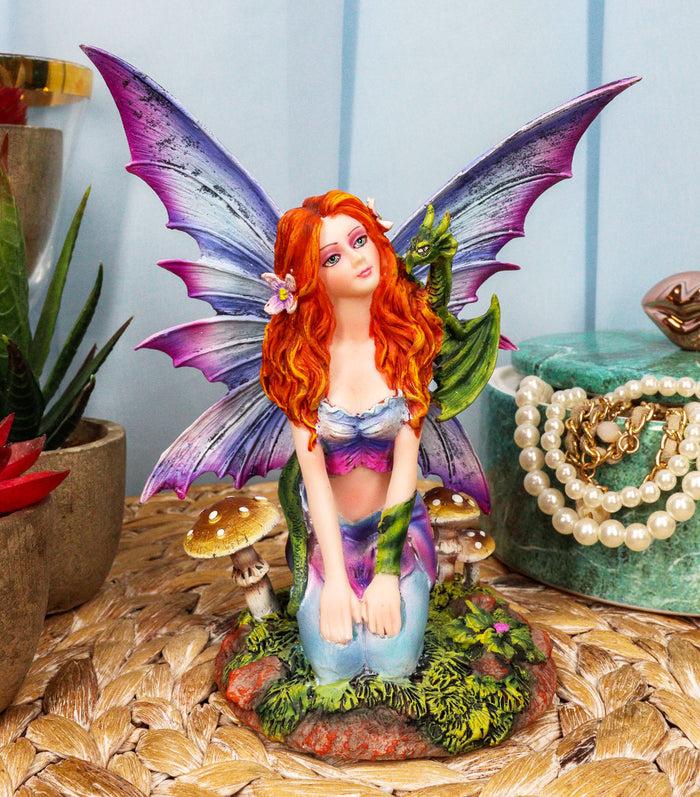 Fantasy Purple Butterfly Winged Red Hair Fairy with Green Pet Dragon Figurine
