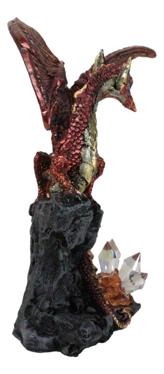 Fantasy Red Volcano Dragon Perching On Rock Cavern With Crystals Small Figurine