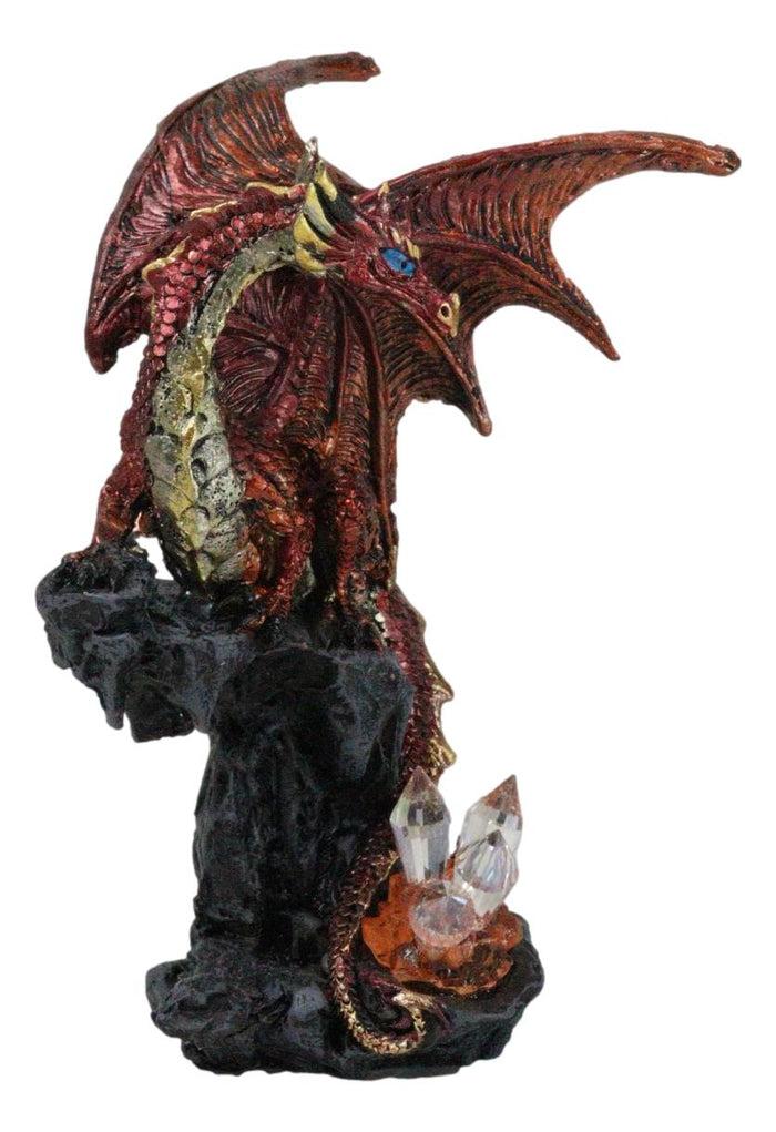 Fantasy Red Volcano Dragon Perching On Rock Cavern With Crystals Small Figurine