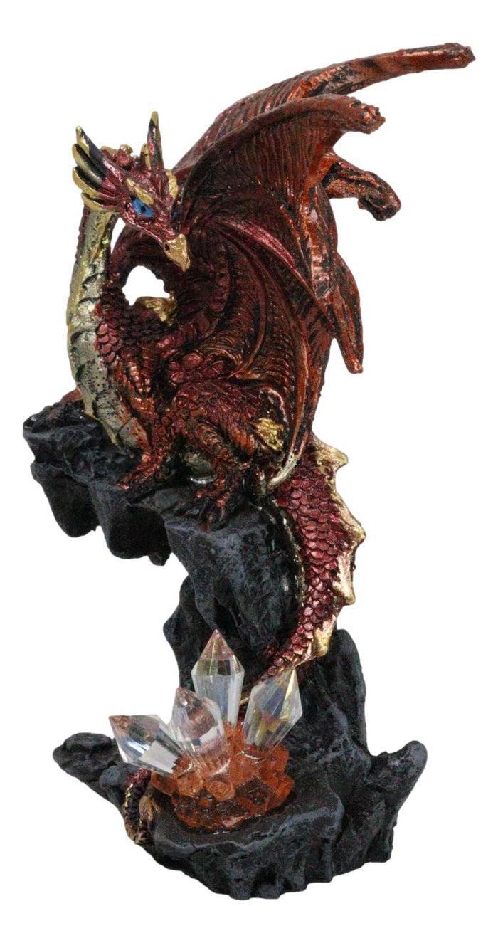 Fantasy Red Volcano Dragon Perching On Rock Cavern With Crystals Small Figurine