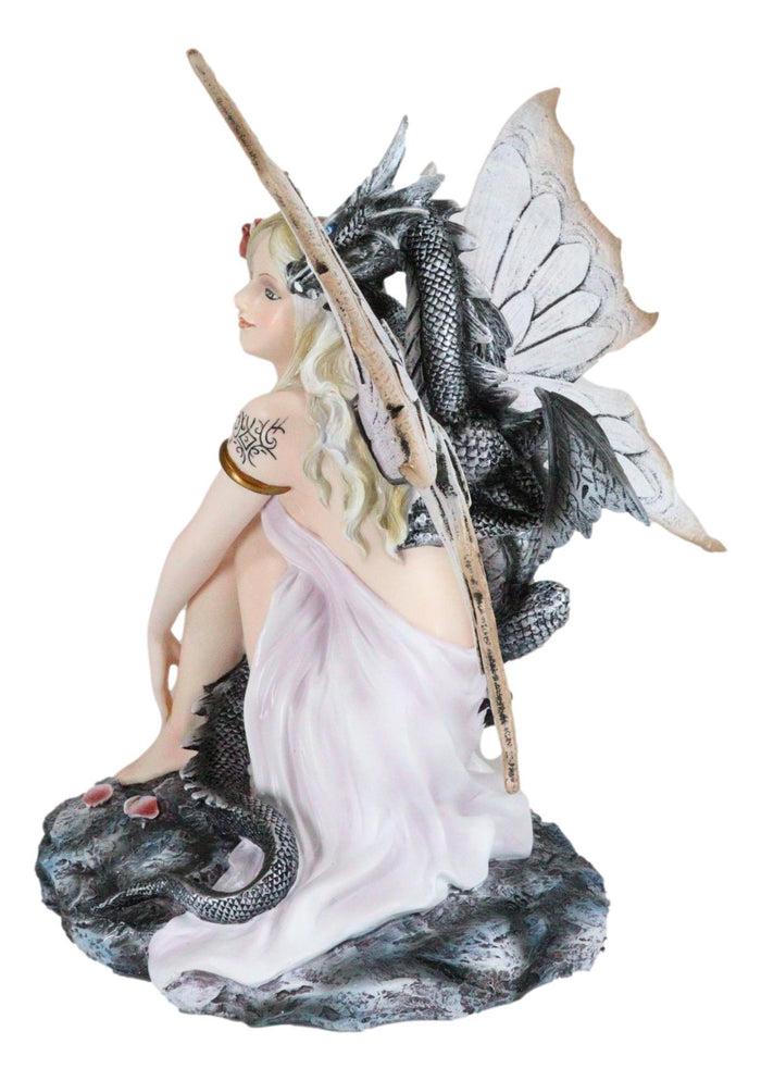 Fantasy White Tribal Celtic Tattoo Princess Fairy With Black Dragon Figurine