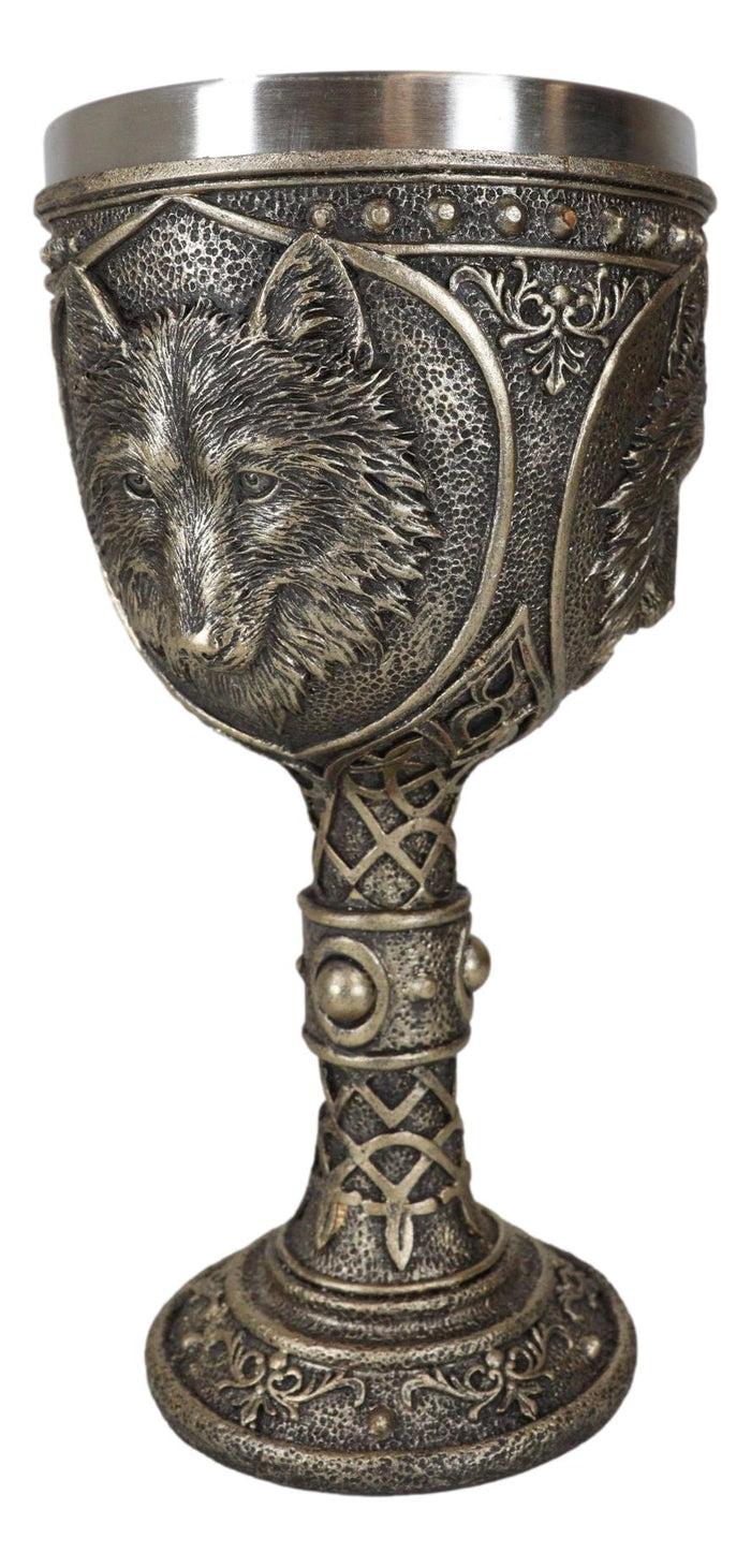 Faux Bronze Alpha Gray Wolf Celtic Tribal Knotwork Wine Chalice Goblet Cup