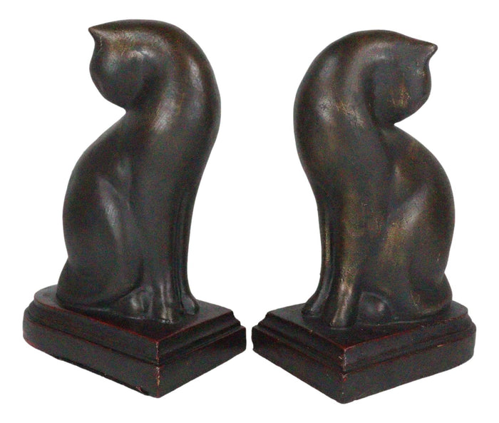 Faux Bronze Feline Cats At Repose Kissing Their Backs Bookends Pair Figurine Set