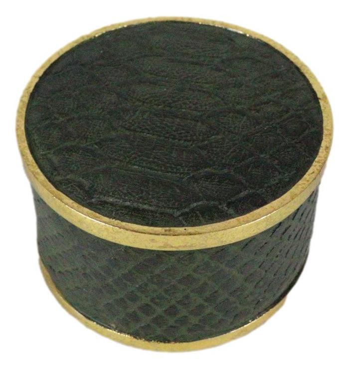 Faux Crocodile Pattern Green Print With Gold Trim Round Decorative Jewelry Box