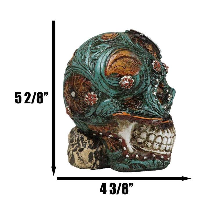 Faux Leather Turquoise Floral Scrollwork With Layered Cross Skull Money Bank