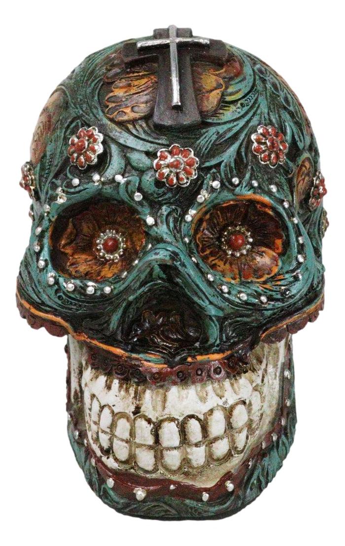 Faux Leather Turquoise Floral Scrollwork With Layered Cross Skull Money Bank
