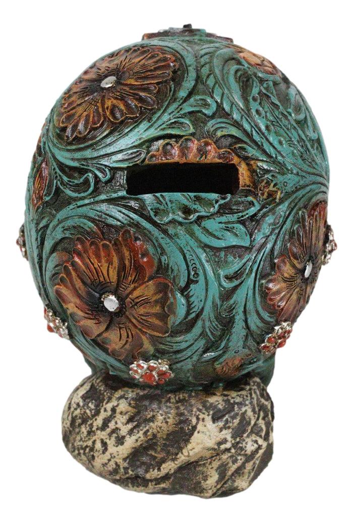 Faux Leather Turquoise Floral Scrollwork With Layered Cross Skull Money Bank